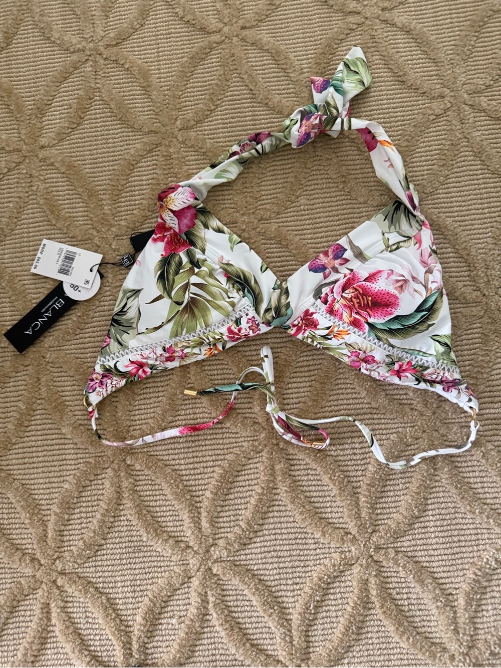 La Blanca White Floral Halter Bikini Top with Pink and Green Accents